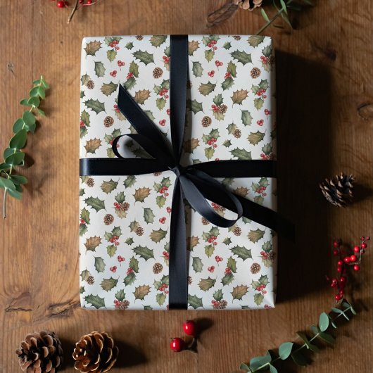 Papier Cadeau Noël holly et pin rustique