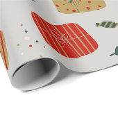 Papier Cadeau Noël illustré gris rouge et doré (Coin rond)