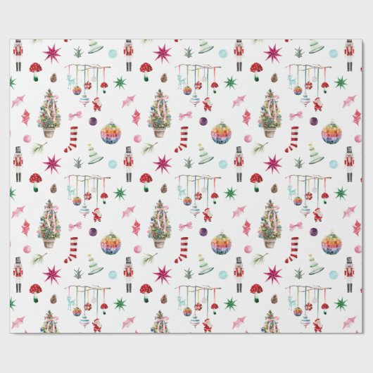 Papier Cadeau Noël kitsch | Ornements rétro et Motif d'arbre (Plat)