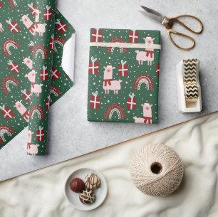 Papier Cadeau Noël Llamas Rainbows Festive Rouge Vert