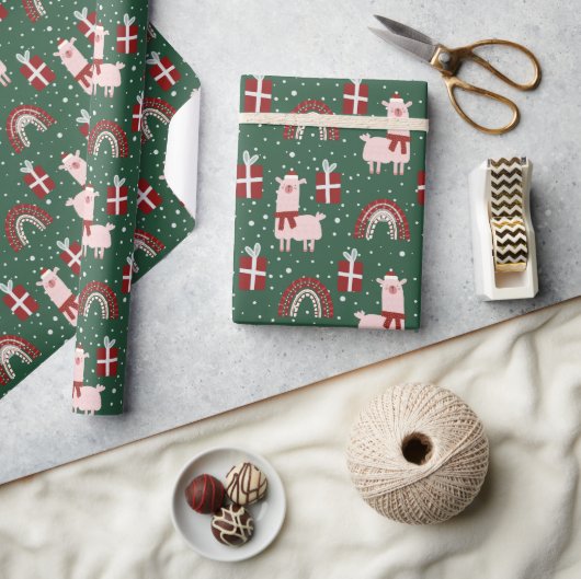Papier Cadeau Noël Llamas Rainbows Festive Rouge Vert (Artisanat)