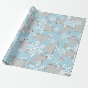 Papier Cadeau noël manat hiver bleu flocons de neige