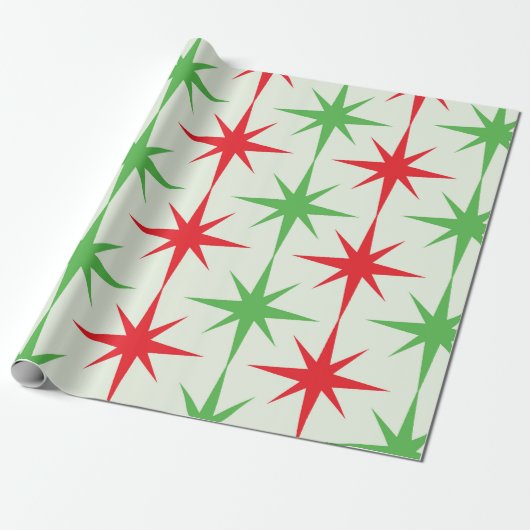 Papier Cadeau Noël Mid Century Red Green Starbursauts atomiques (Déroulé)