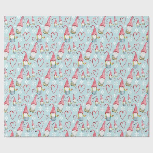 Papier Cadeau Noël mignon bleu Gnome en amour (Plat)