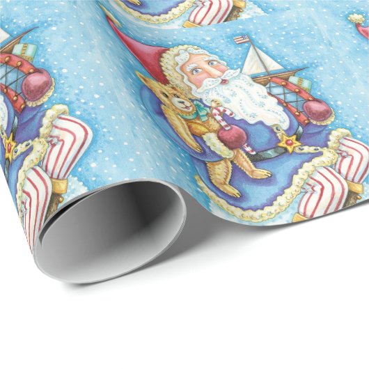 Papier Cadeau Noël mignon, le Père Noël sur Snowball avec jouets (Coin rond)