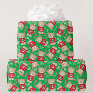 Papier Cadeau Noël mignon Sucres de canne Nounours Rouge Vert