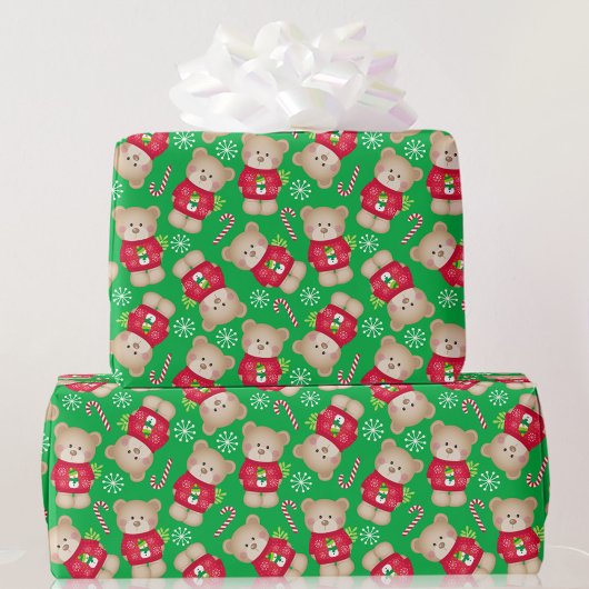 Papier Cadeau Noël mignon Sucres de canne Nounours Rouge Vert