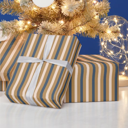 Papier Cadeau Noël Moderne Rayure Bleue Or Blanc (Vacances)