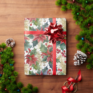 Papier Cadeau Noël motif poinsettia et houx aquarelle
