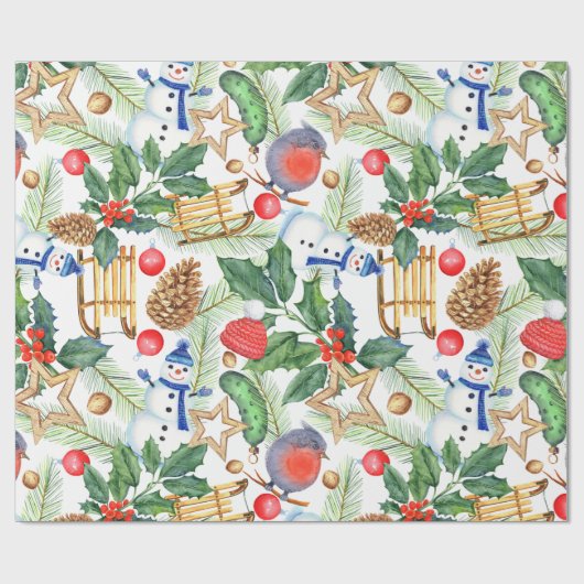 Papier Cadeau Noël Noël Noël Noël Snowman, Pine Cones, Holly (Plat)