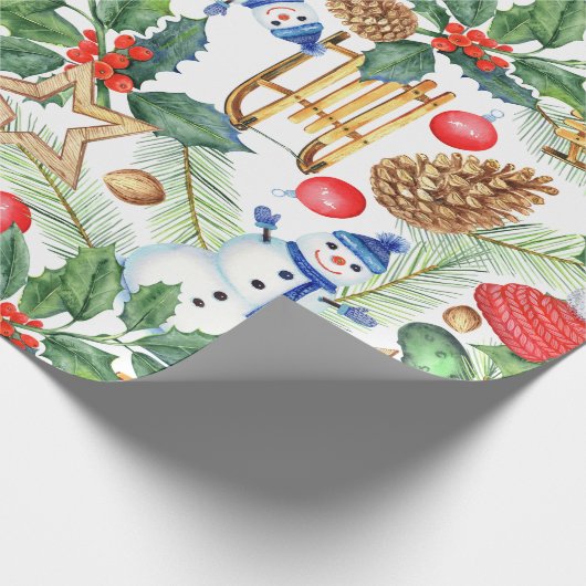 Papier Cadeau Noël Noël Noël Noël Snowman, Pine Cones, Holly (Coin)