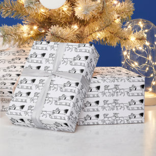 Papier Cadeau Noël noir blanc Père Noël Reindeer motif mignon