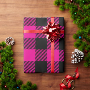 Papier Cadeau Noël Noir et Rose Chaud Buffalo Plaid