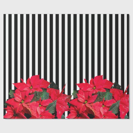 Papier Cadeau Noël noir rayures rouges fleurs blanches (Plat)