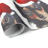 Papier Cadeau Noël noir Tan long haïr Doxie Santa Hat (Coin rond)