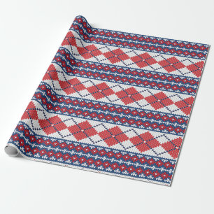Papier Cadeau Noël nordique bleu et rouge de Jacquard de motif