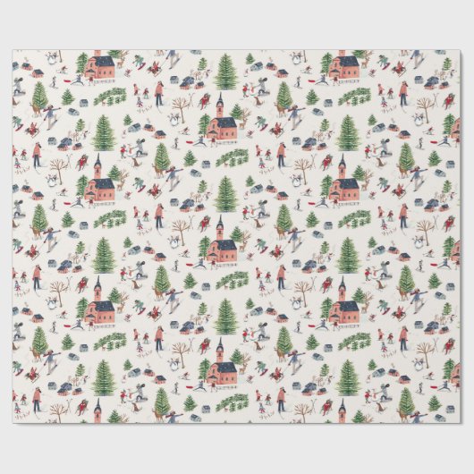 Papier Cadeau Noël nordique rose joli ski (Plat)