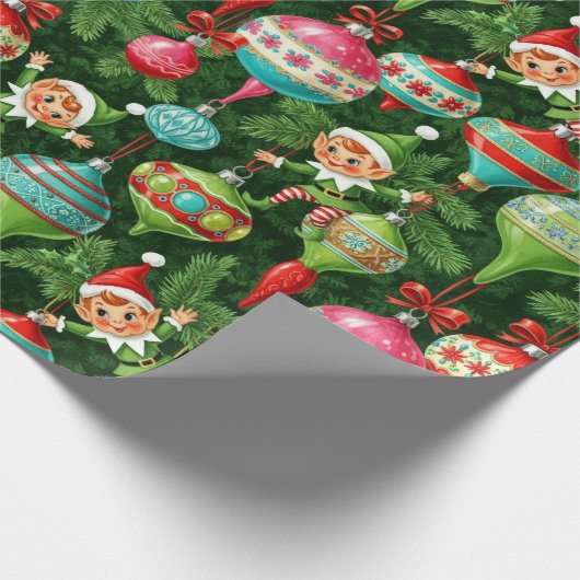 Papier Cadeau Noel nostalgique : Elfes et ornements (Coin)