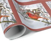 Papier Cadeau Noël, oiseau cardinal rouge et neige (Coin rond)