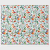 Papier Cadeau Noël Oiseau vert Feuille Fleurs rouges Aquarelle (Plat)