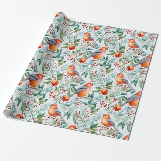 Papier Cadeau Noël Oiseau vert Feuille Fleurs rouges Aquarelle (Déroulé)