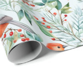 Papier Cadeau Noël Oiseau vert Feuille Fleurs rouges Aquarelle (Coin rond)