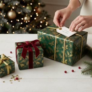Papier Cadeau Noël Opulence Royale Émeraude et Or