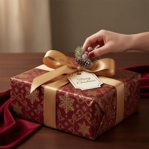 Papier Cadeau Noël Or & Rouge Royal Damassé Flocon de Neige
