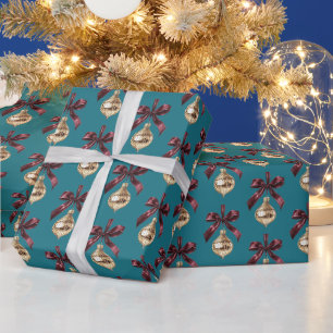 Papier Cadeau Noël Ornement Doré Ruban Vert Sarcelle Bourgogne