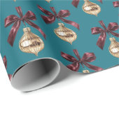 Papier Cadeau Noël Ornement Doré Ruban Vert Sarcelle Bourgogne (Coin rond)
