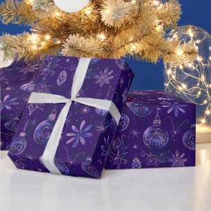 Papier Cadeau Noël Ornements Lumières Floral Violet Noël