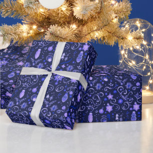 Papier Cadeau Noël Ornements Lumières Floral Violet Noël