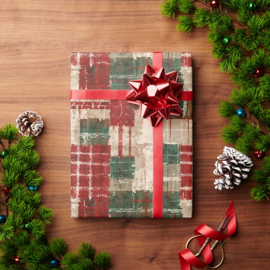 Papier Cadeau Noël Patchwork Carreaux Fêtes Rustique (Cadeau de vacances)