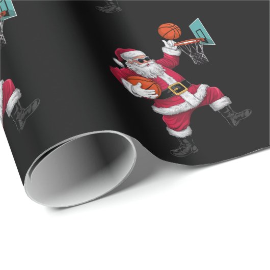 Papier Cadeau Noël Père Noël Dunking Un Basket-ball Noël (Coin rond)