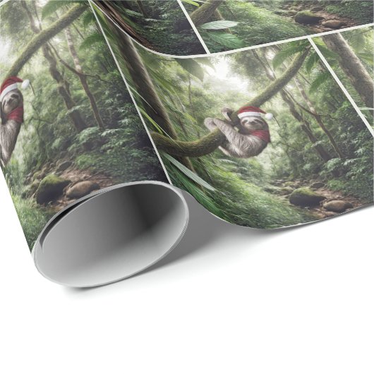 Papier Cadeau Noël Père Noël Sloth Dans Rainforest (Coin rond)