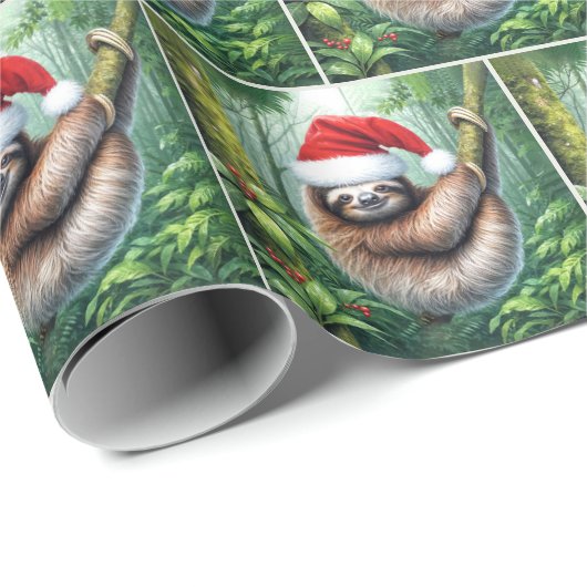 Papier Cadeau Noël Père Noël Sloth Dans Rainforest (Coin rond)