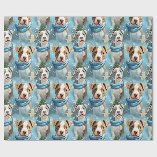 Papier Cadeau Noël Piebald Pitbull Pups Bleu Écharpe (Plat)