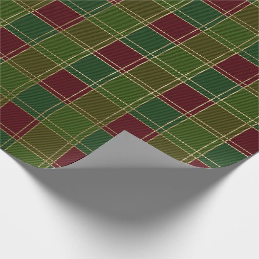 Papier Cadeau Noël plaid bordeaux or vert élégant (Coin)
