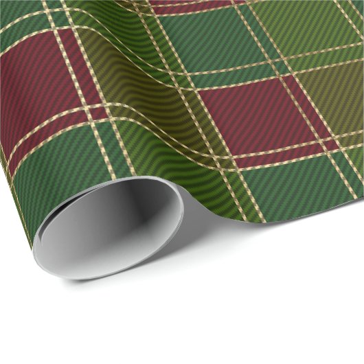 Papier Cadeau Noël plaid bordeaux or vert élégant (Coin rond)