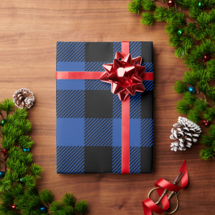 Papier Cadeau Noël Plaid de Buffalo Noir et Bleu Royal