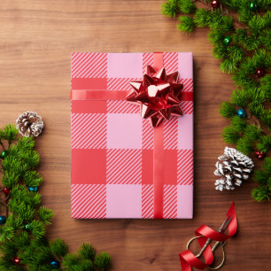Papier Cadeau Noël Plaid de Buffalo Rose et Rouge