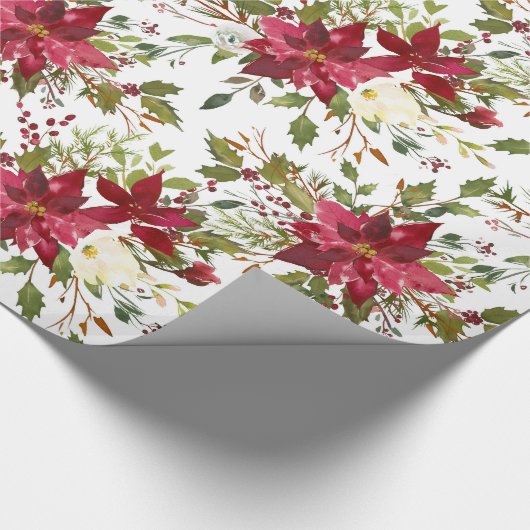 Papier Cadeau Noël Poinsettia Rouge Élégant Vacances Florales (Coin)
