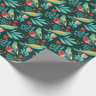 Papier Cadeau Noël pour aquarelle d'oiseaux, de canneberge et d