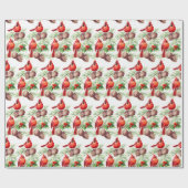 Papier Cadeau Noël Red Cardinal Birds Holly Berry Branch (Plat)