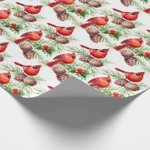 Papier Cadeau Noël Red Cardinal Birds Holly Berry Branch