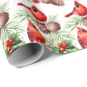 Papier Cadeau Noël Red Cardinal Birds Holly Berry Branch (Coin rond)