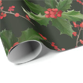 Papier Cadeau Noël Red Holly Berry et Feuilles verts (Coin rond)
