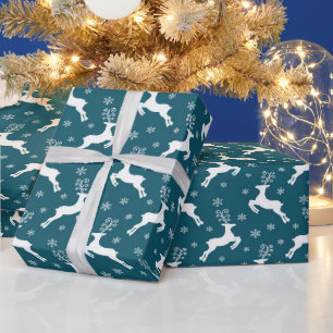 Papier Cadeau Noël Renne et Flocons de Neige Blanc Turquoise