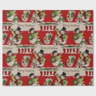 Papier Cadeau Noël Retro Vintage : Famille Snowman