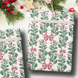 Papier Cadeau Noël rétro vintage rouge vert houx baies